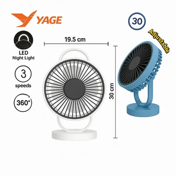 YAGE YG-7999 Rechargeable 8-Inch 360° Rotation Fan with LED Light – White Color - Image 2